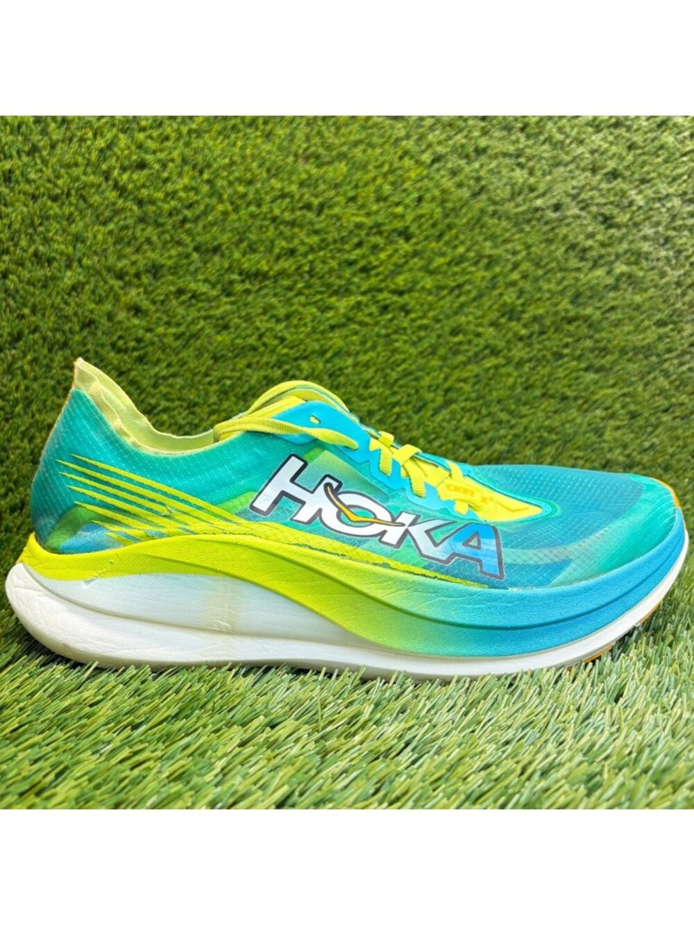 Hoka One One Rocket X 2 Mens Size 11.5 Blue Lime Green Running Shoes Sneakers